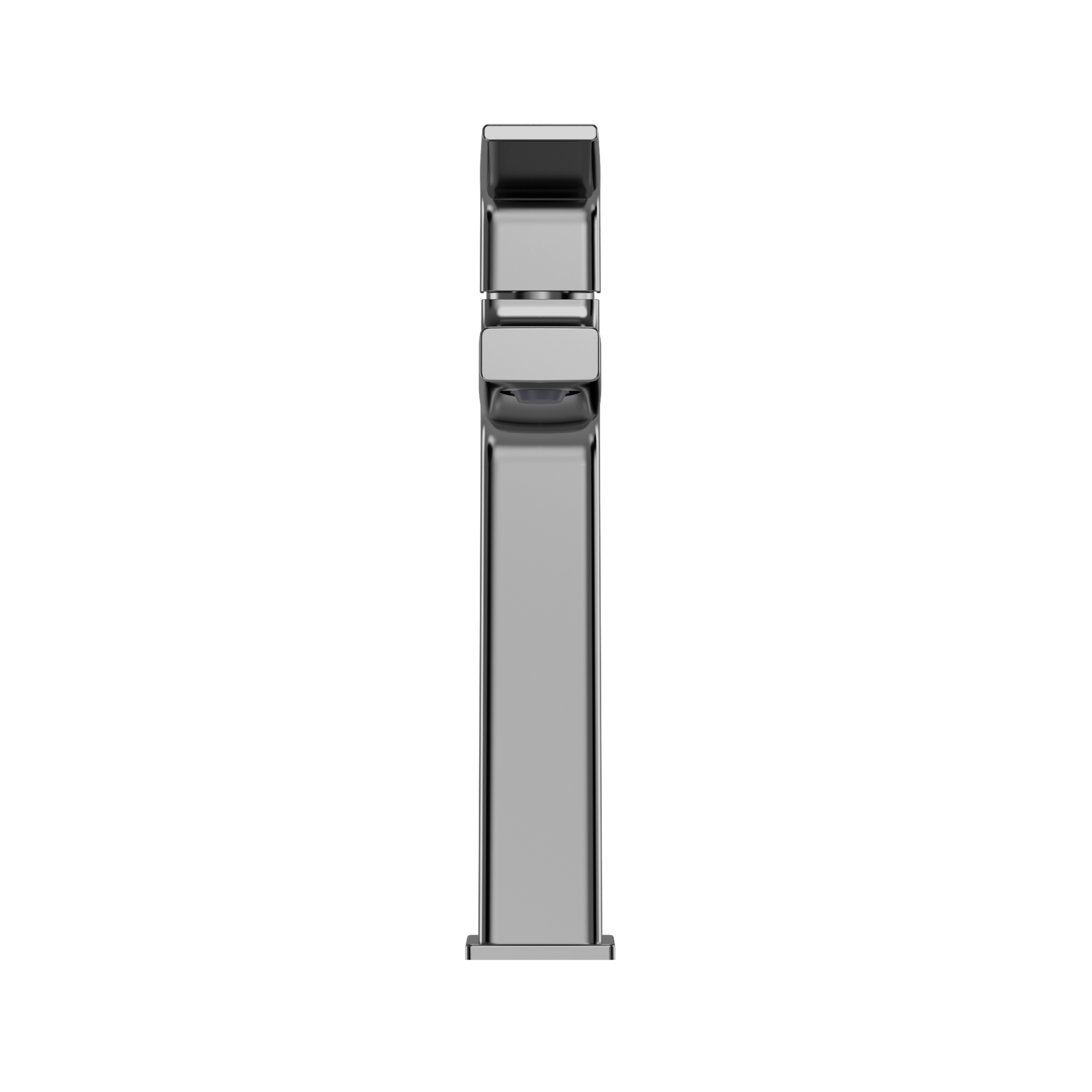 Polished chrome single-handle bathroom sink faucet with tall rectangular body and black lever control at top.