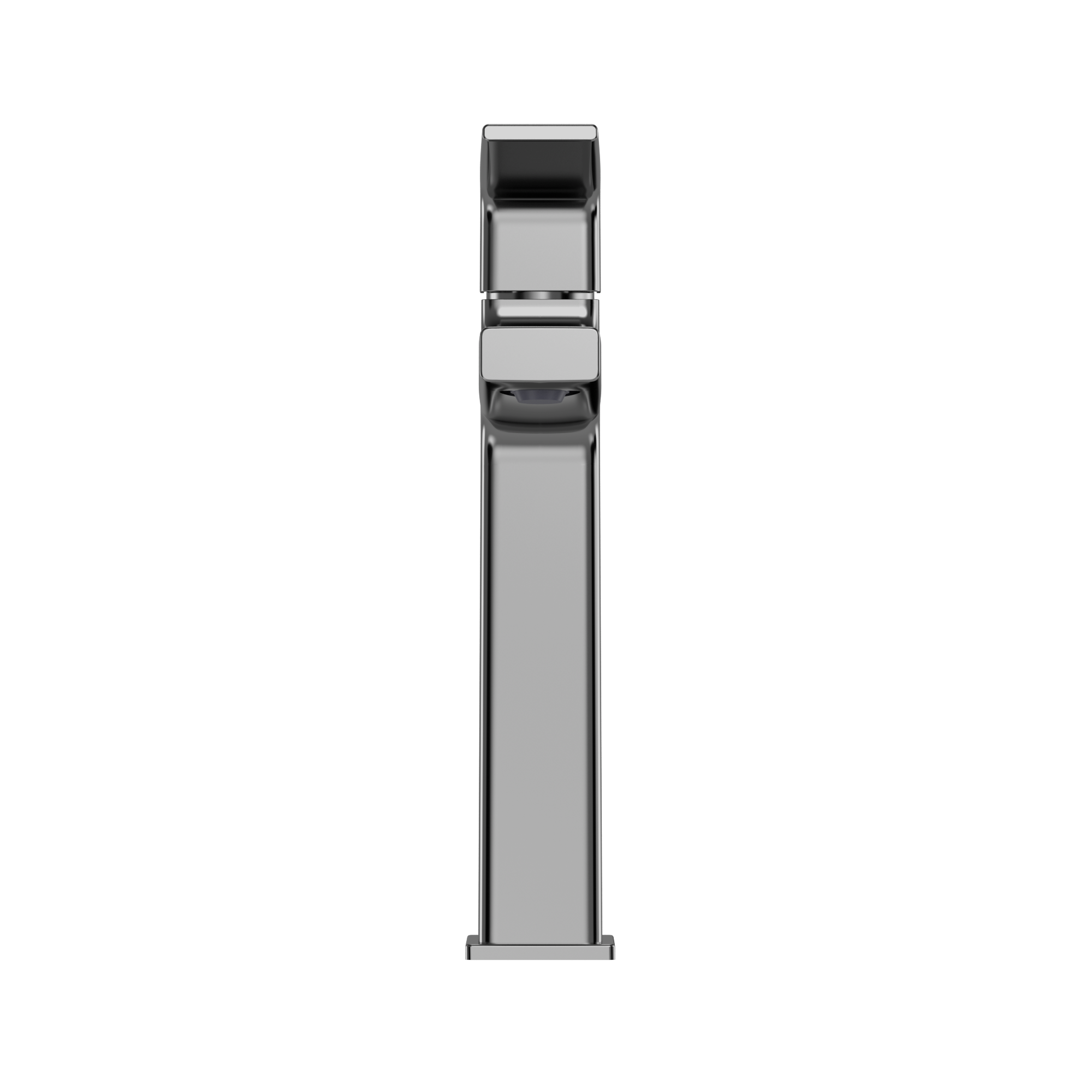 Polished chrome single-handle bathroom sink faucet with tall rectangular body and black lever control at top.