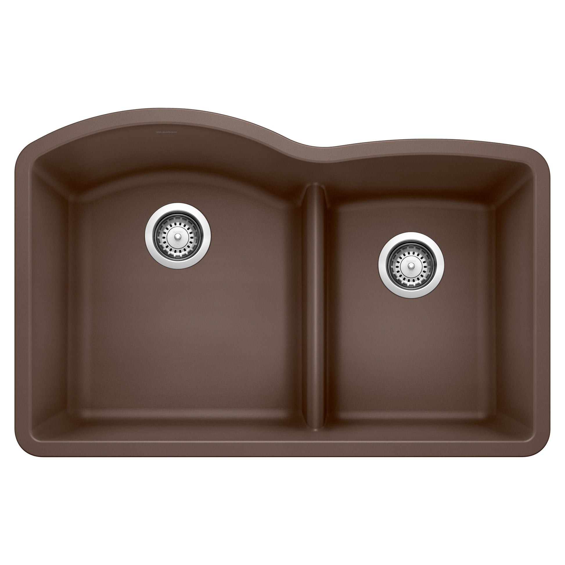 Cafe brown undermount kitchen sink with two basins, low divider, and chrome drain strainers.
