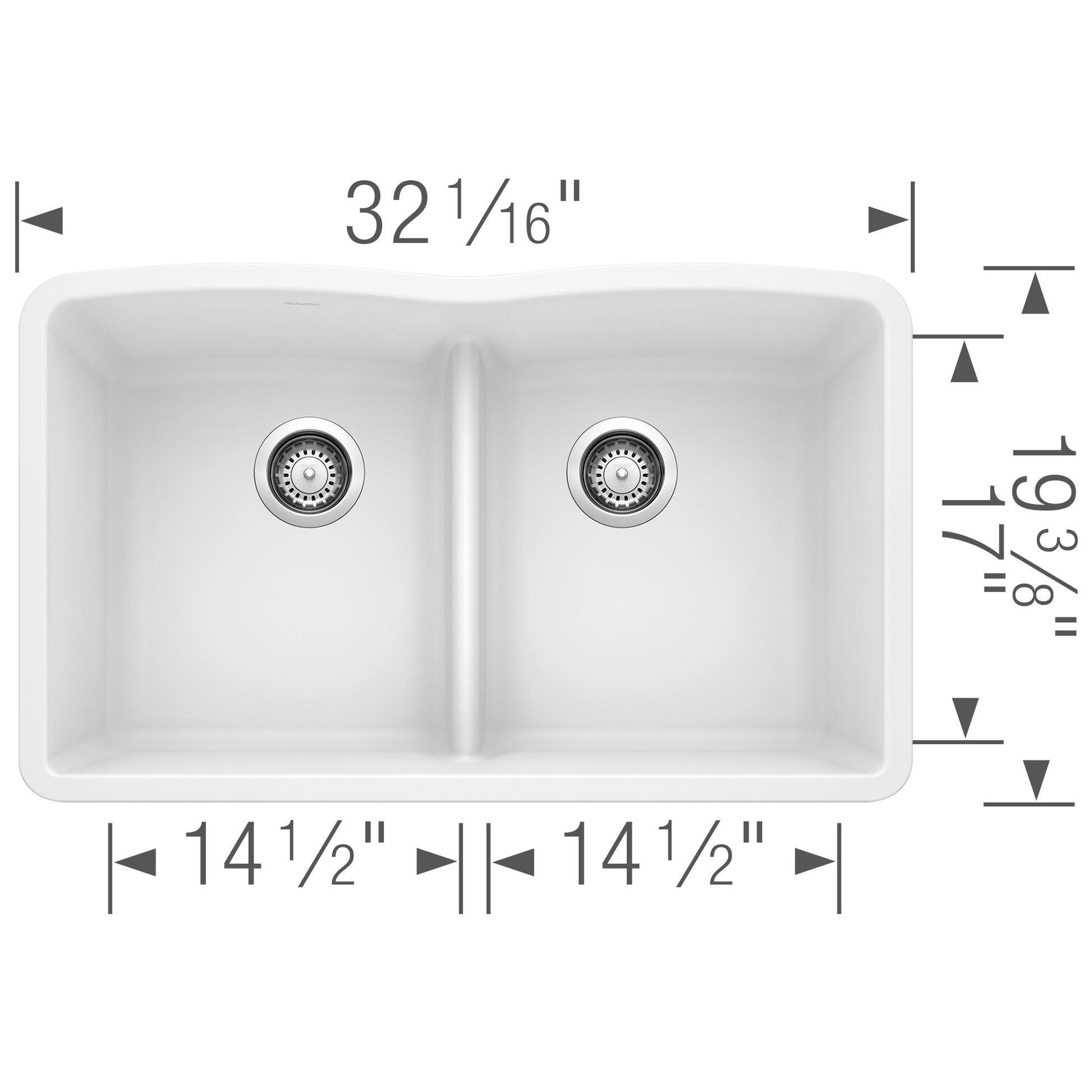 White double bowl undermount sink with equal-sized basins and low divider, measuring 32 1/16" wide.