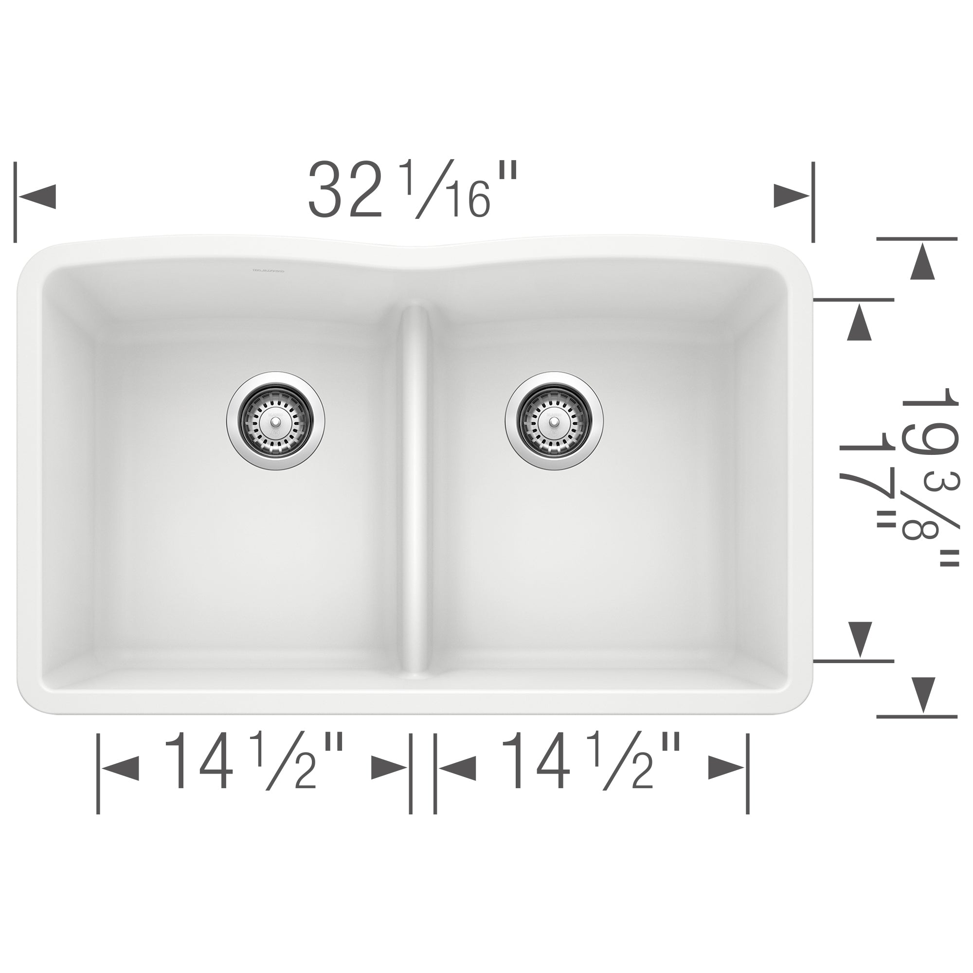 White double bowl undermount sink with equal-sized basins and low divider, measuring 32 1/16" wide.