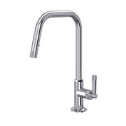 Polished chrome pull-down kitchen faucet with U-shaped spout and single lever handle.