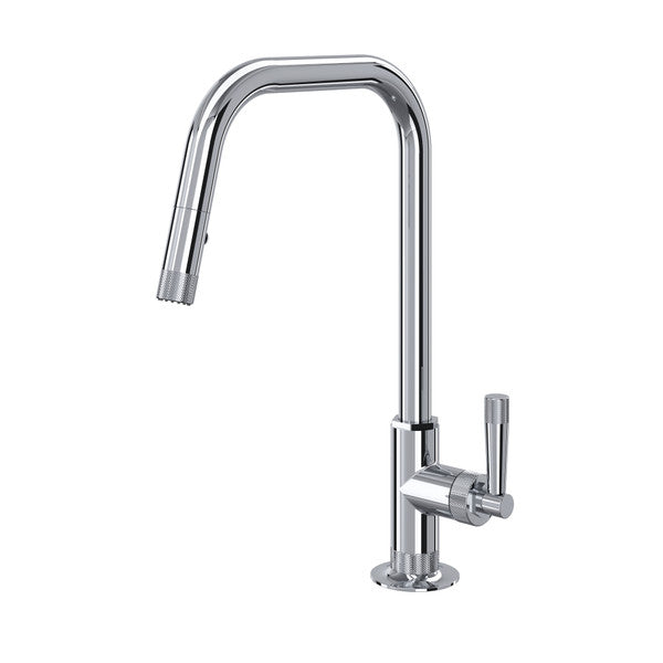 Polished chrome pull-down kitchen faucet with U-shaped spout and single lever handle.