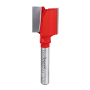 Red and silver router bit with flat cutting head and two flutes for straight cuts.