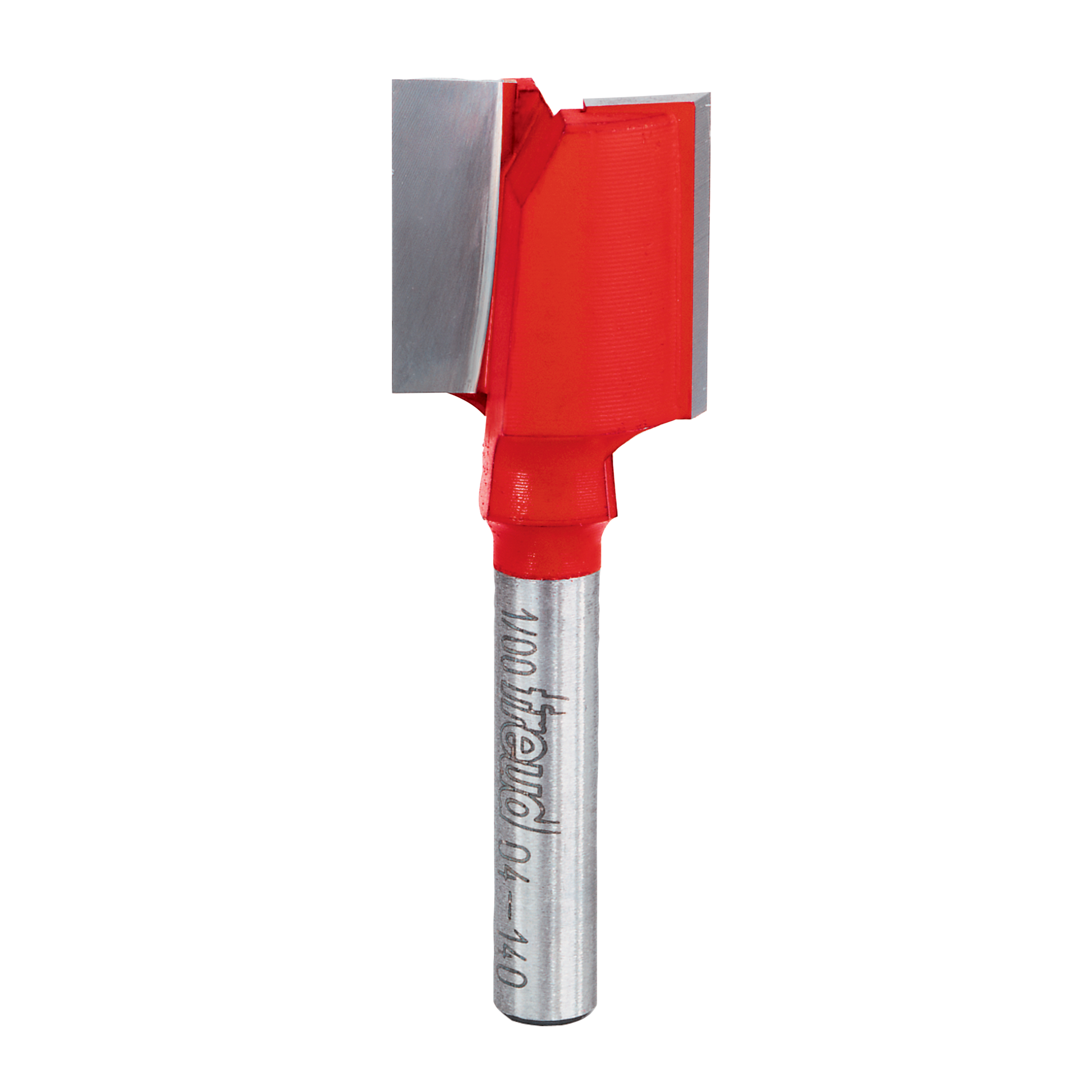 Red and silver router bit with flat cutting head and two flutes for straight cuts.