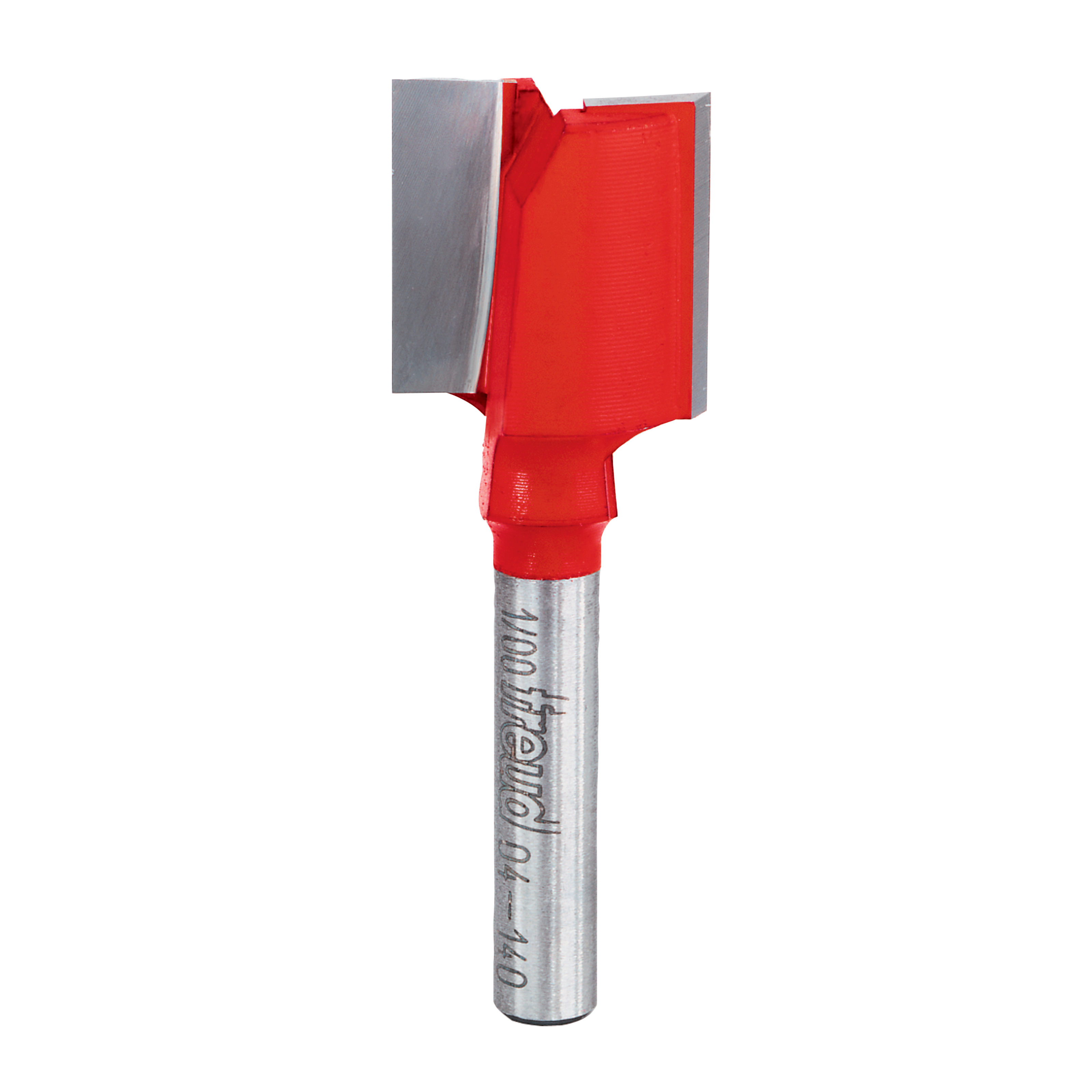 Red and silver router bit with flat cutting head and two flutes for straight cuts.