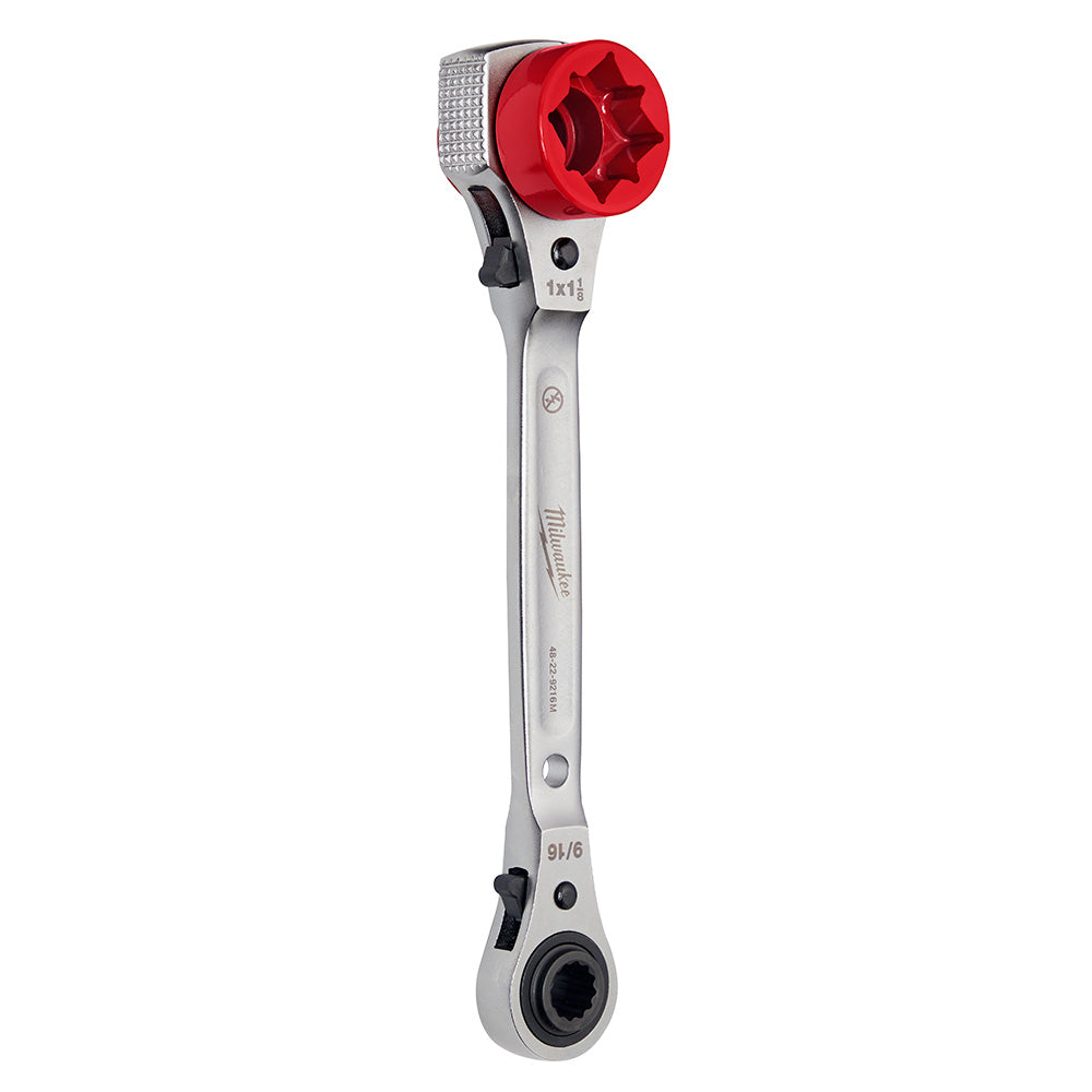 Milwaukee ratcheting wrench with red strike face, milled grip section, and adjustable wrench head at bottom.