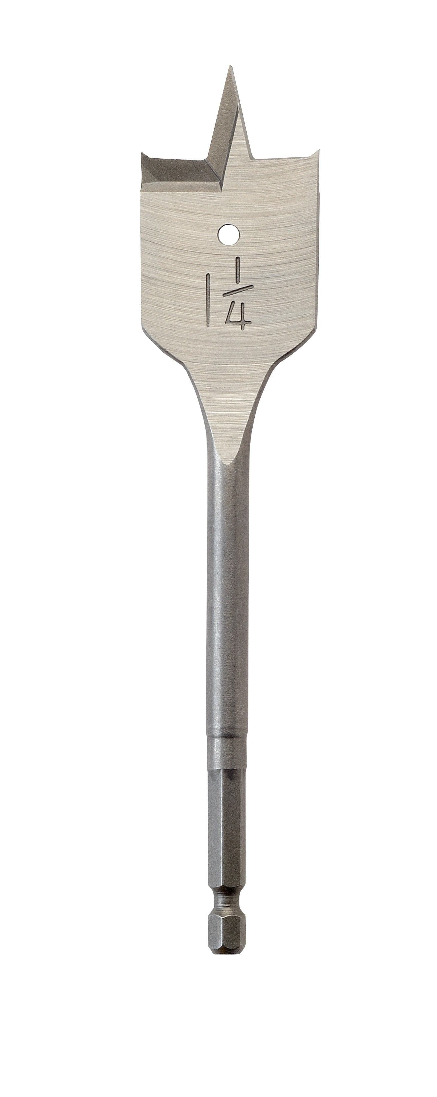 Flat boring bit with 1-1/4 inch spade head, center hole, and hexagonal shank marked with size designation.