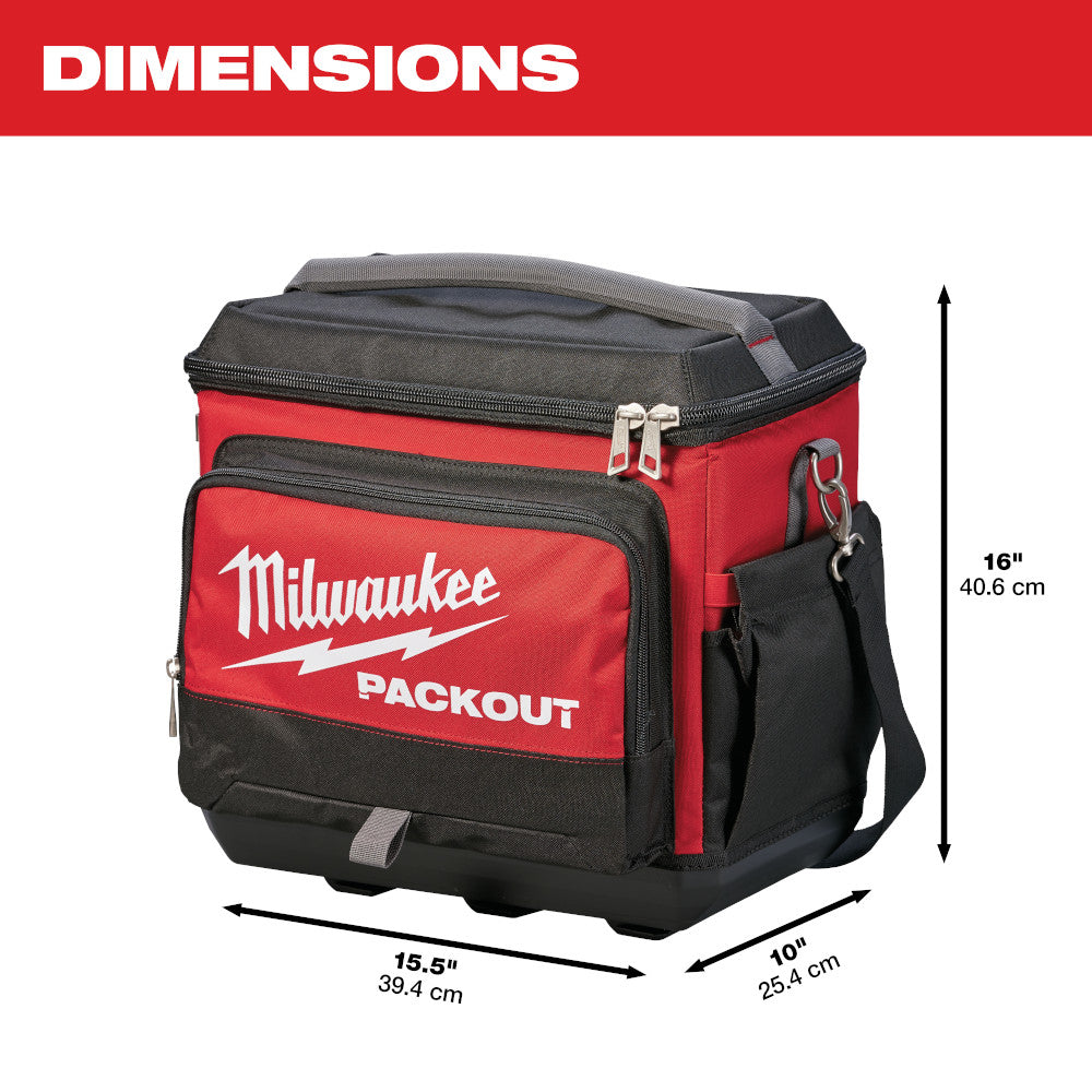Red and black Milwaukee PACKOUT cooler with gray handles and shoulder strap, 16" tall.