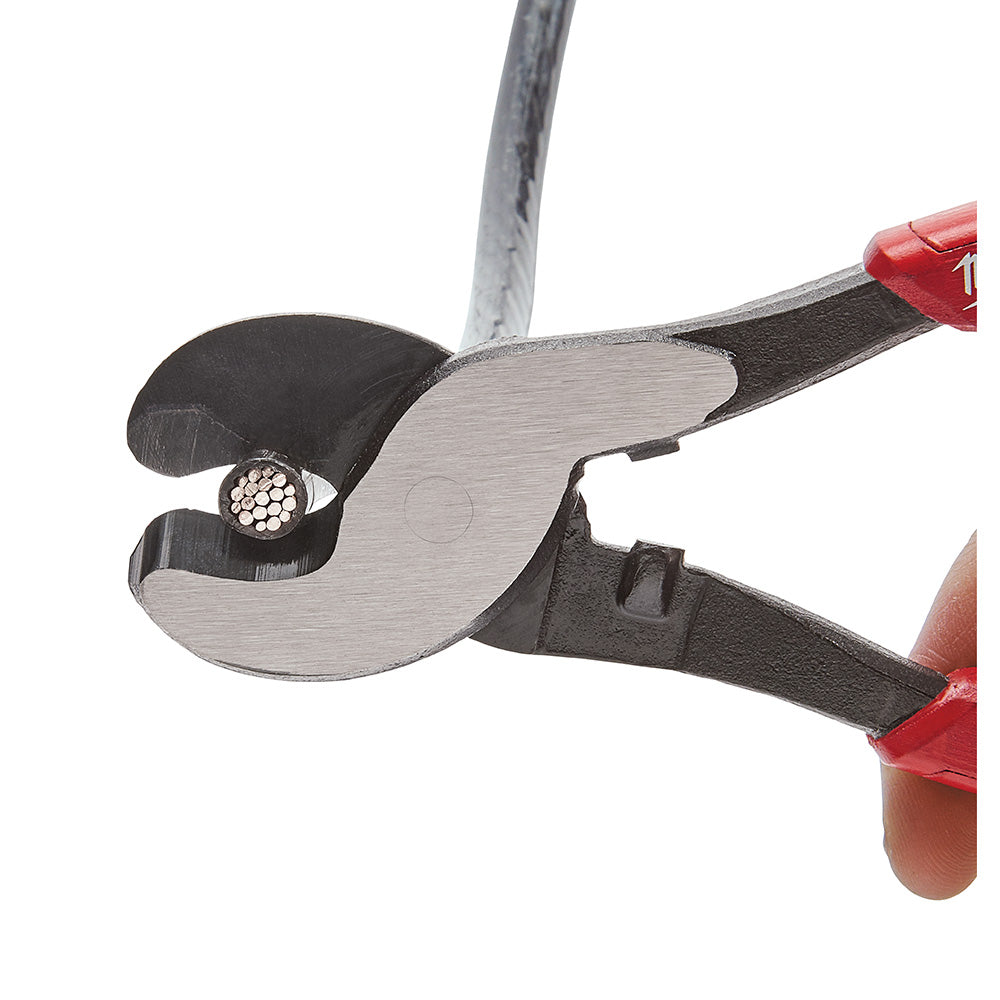 Milwaukee cable cutting pliers with red handles, black and silver metal jaws, and adjustment screw visible on cutting head.