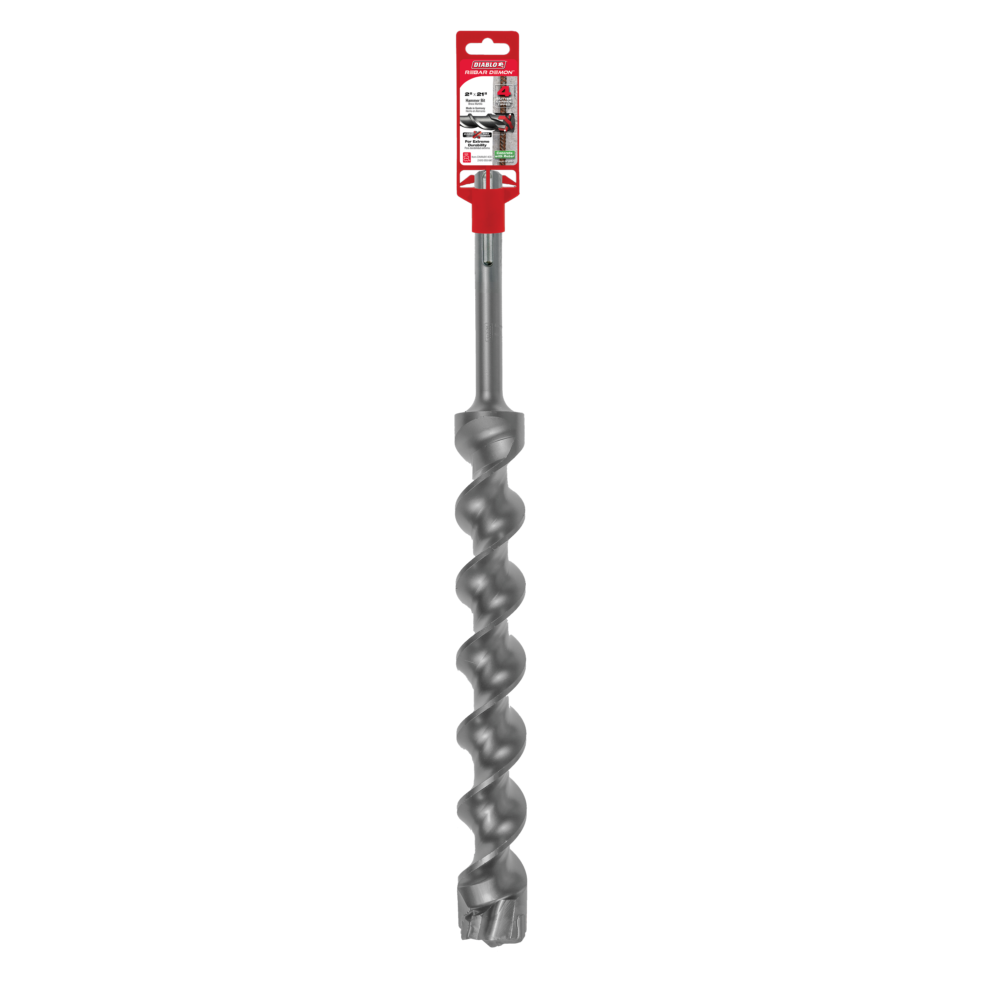 Gray SDS-Max hammer drill bit with spiral flutes and flat cutting head, attached to red Diablo packaging header.
