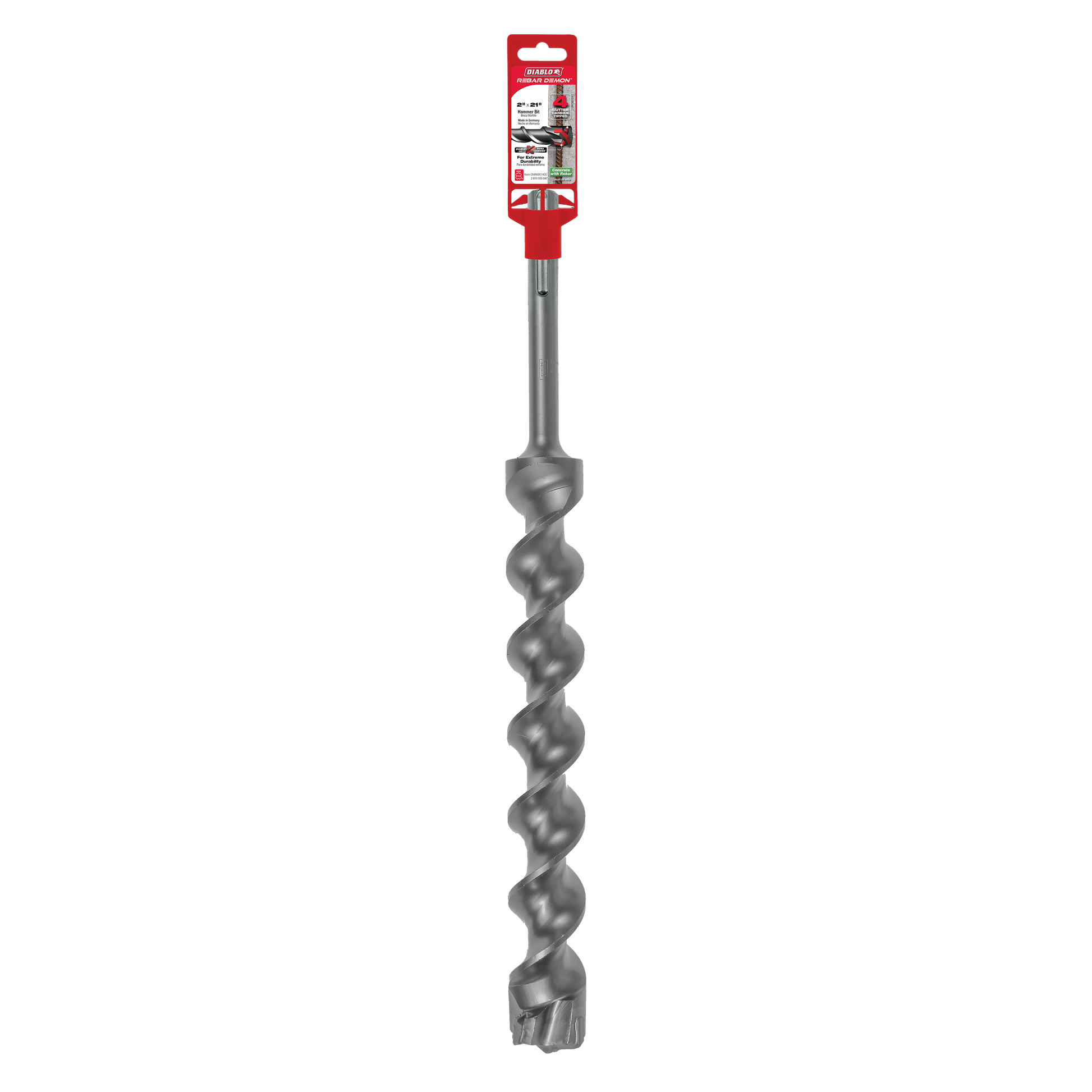 Long gray SDS-Max hammer drill bit with spiral flutes and carbide-tipped cutting head, shown with red packaging label at top.