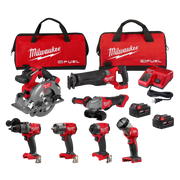 Milwaukee M18 FUEL cordless tools including circular saw, reciprocating saw, angle grinder, drill, impact driver, and work li