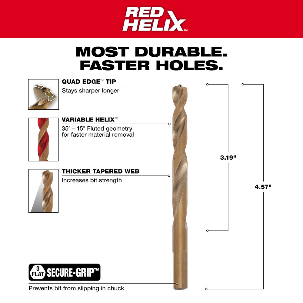 RED HELIX cobalt drill bit with quad edge tip, variable helix fluting, and tapered web design shown with dimension measuremen