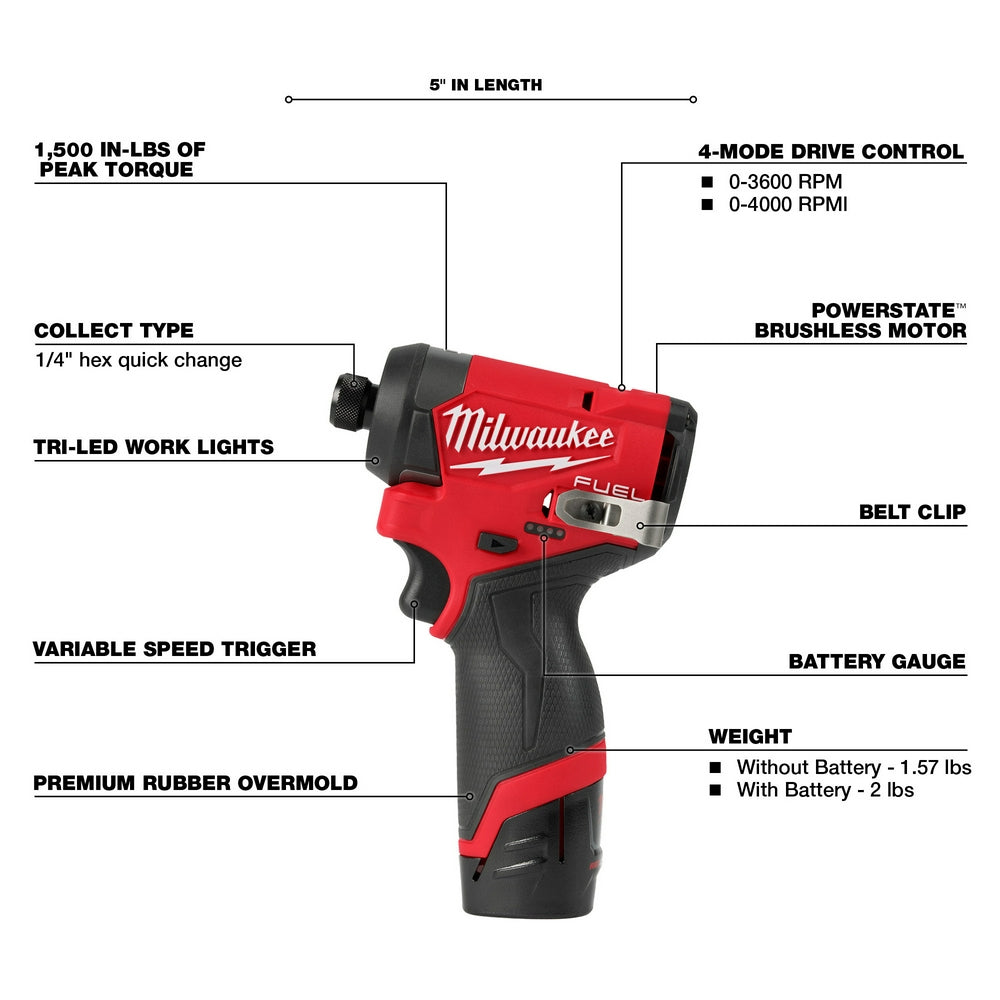 Milwaukee M12 FUEL red and black cordless impact driver with labeled features including 1,500 in-lbs torque and brushless mot