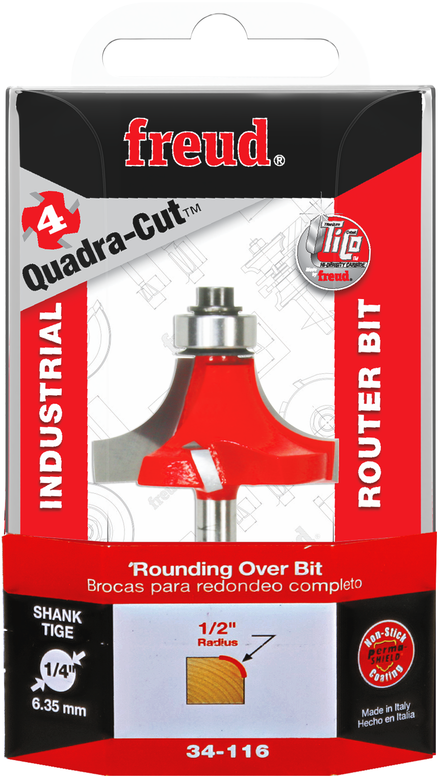 Red rounding over router bit with 1/2" radius, silver shank, mounted on packaging with Freud branding and Quadra-Cut marking.