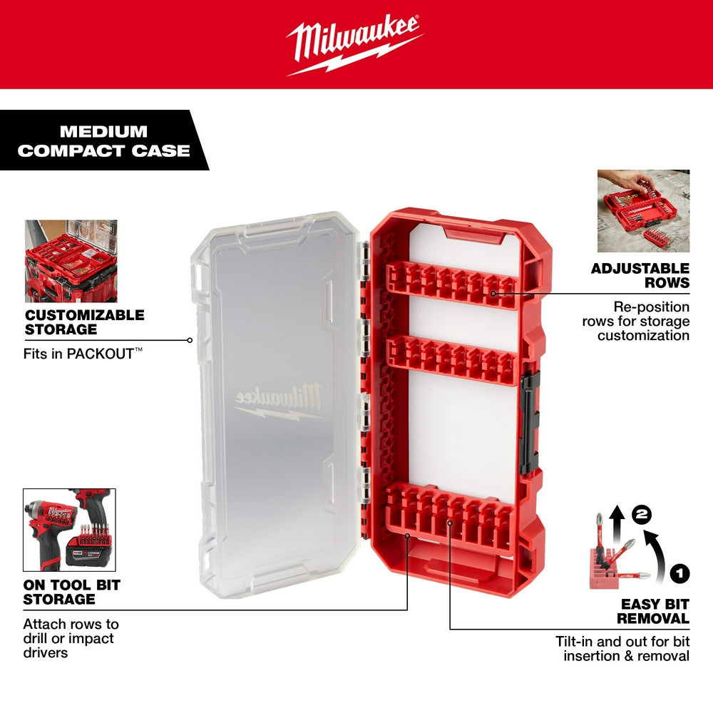 Red and clear Milwaukee medium compact case with adjustable rows for customizable storage of impact driver accessories.