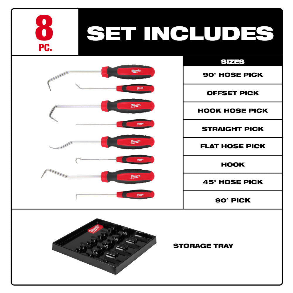 Eight hook and pick tools with red and black handles, including hose picks, straight pick, and hook, displayed above a black 