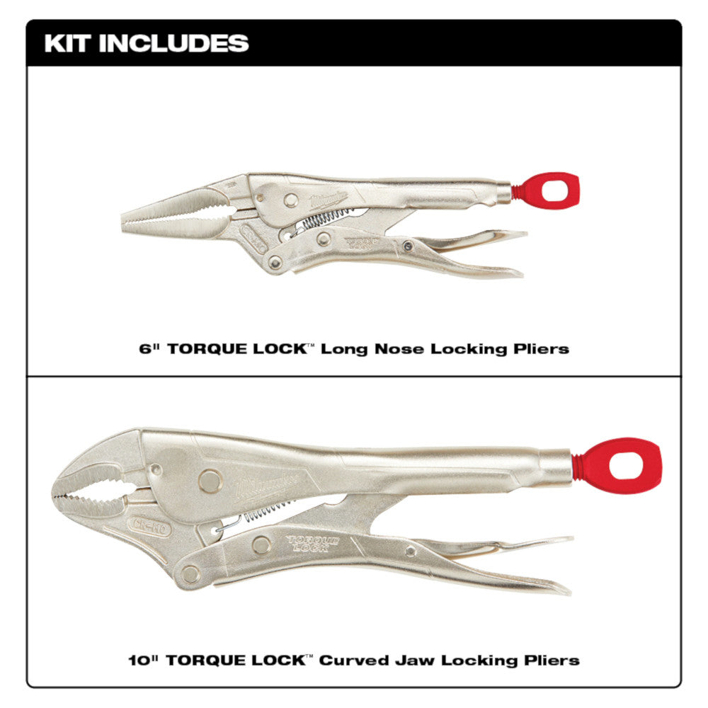 Two Milwaukee TORQUE LOCK locking pliers: 6-inch long nose pliers and 10-inch curved jaw pliers, both with red handles.