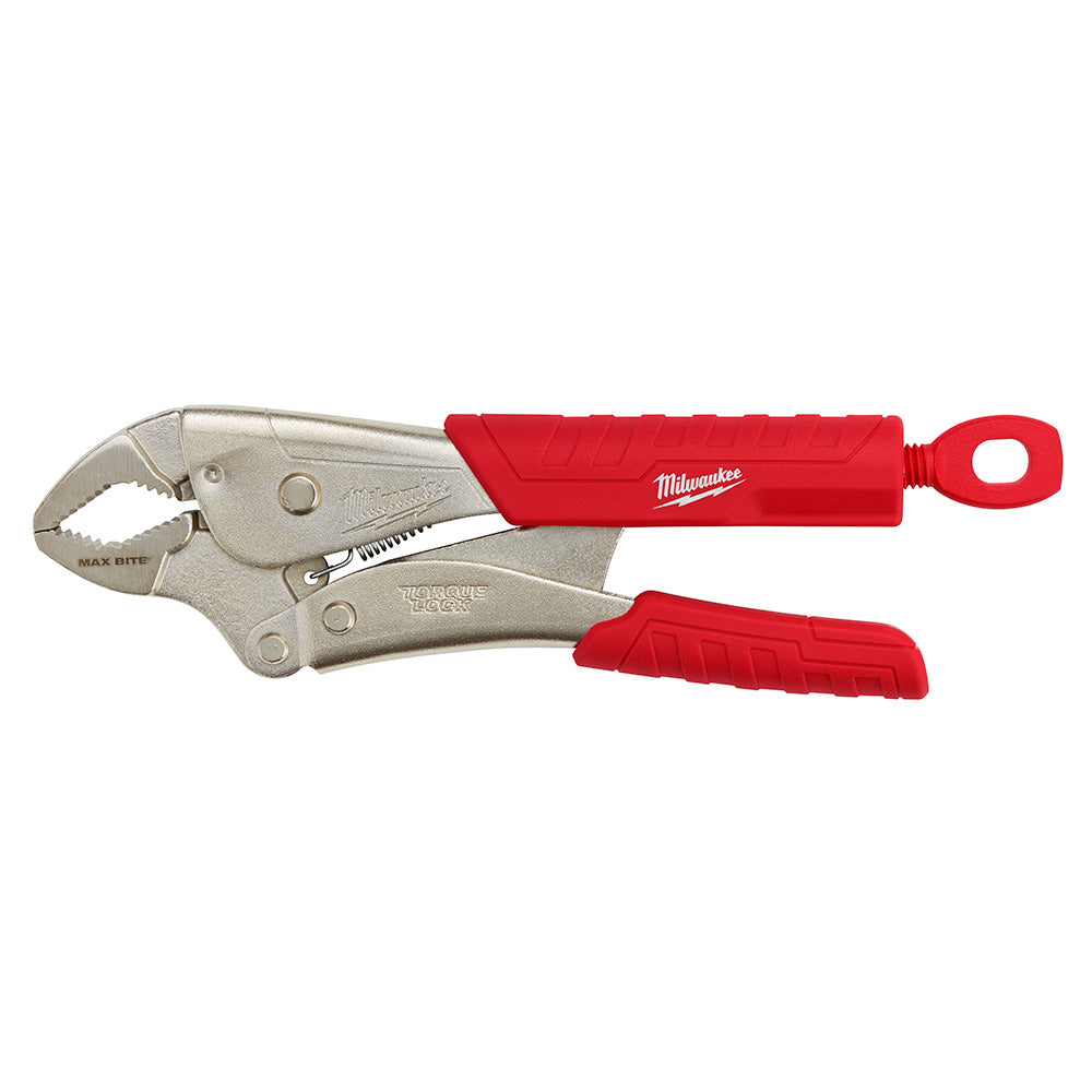Milwaukee curved jaw locking pliers with red rubber grips and metal jaws.
