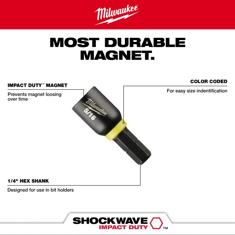 Three Milwaukee 1/4" hex shank magnetic nut drivers with black bodies and yellow bands, designed for impact duty use.