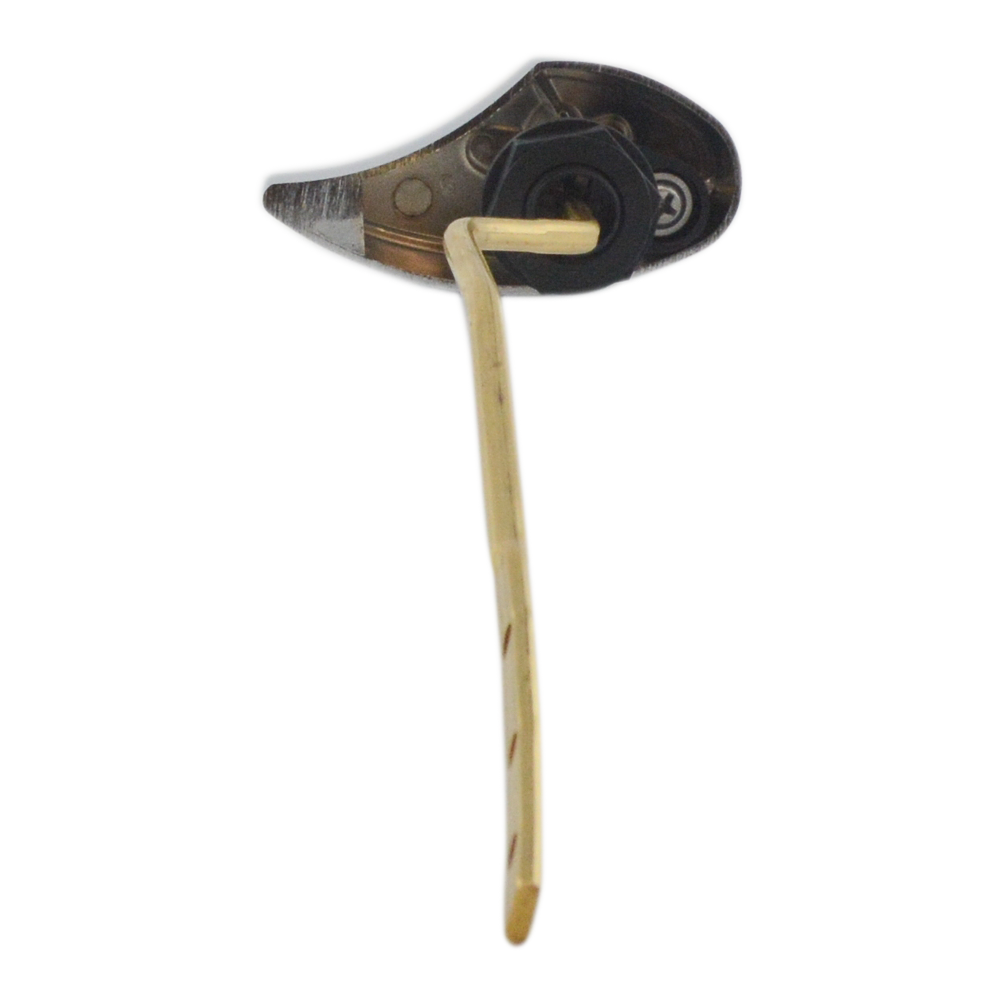 Polished chrome trip lever with cream-colored handle and black mounting plate for toilet tank.