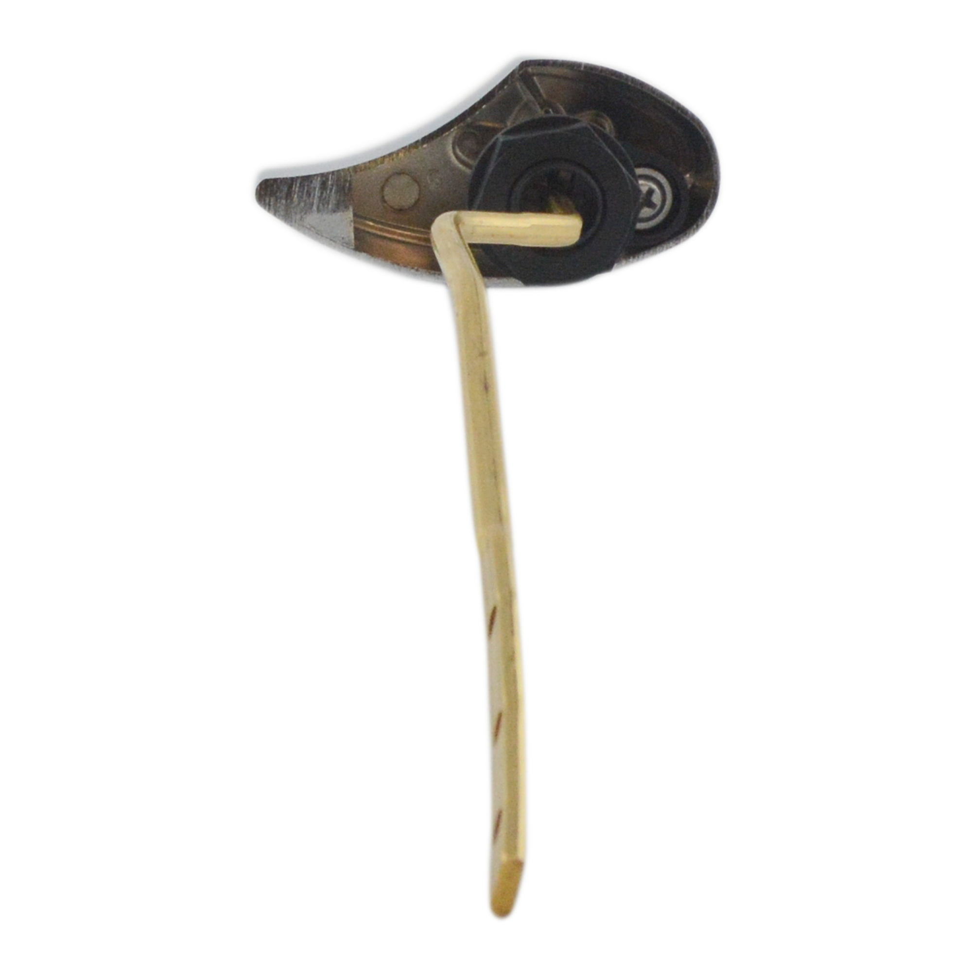 Polished chrome trip lever with cream-colored handle and black mounting plate for toilet tank.