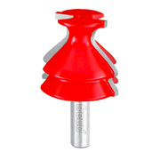 Red router bit with tiered conical head and gray metal shank labeled Freud.
