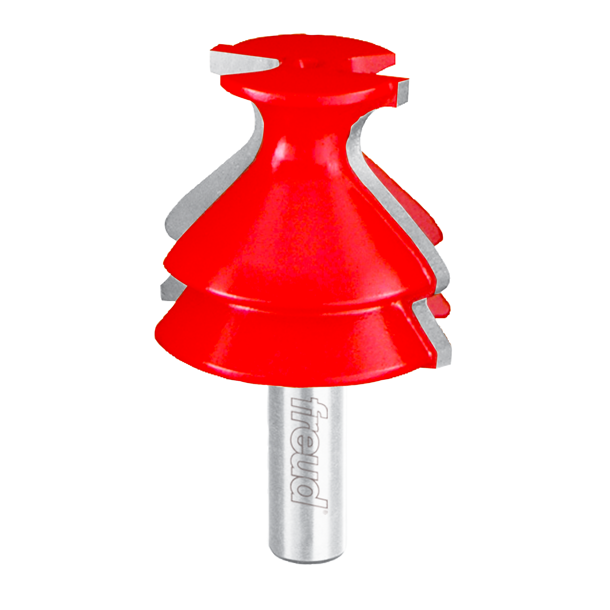 Red router bit with tiered conical head and gray metal shank labeled Freud.