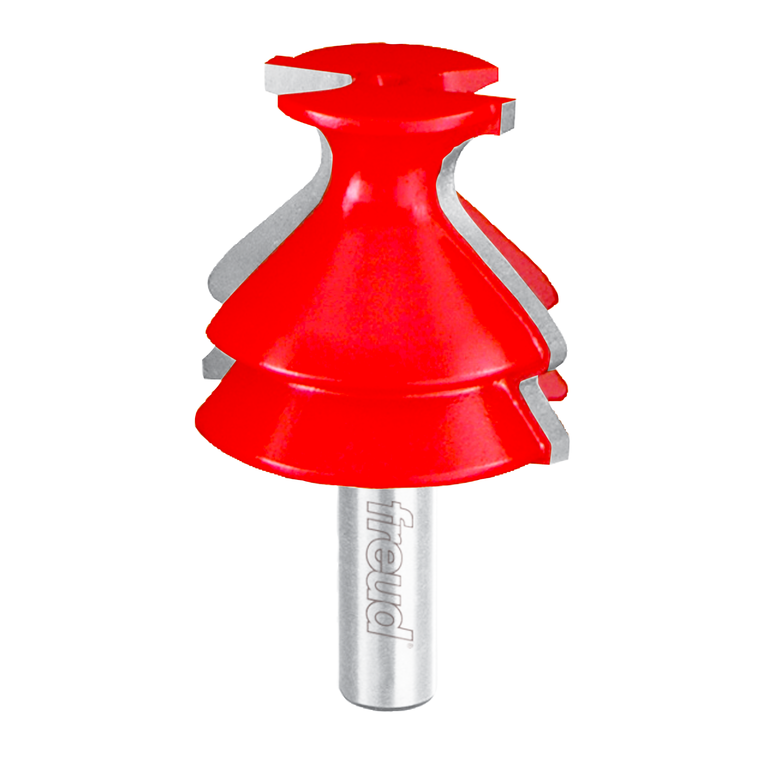Red router bit with tiered conical head and gray metal shank labeled Freud.