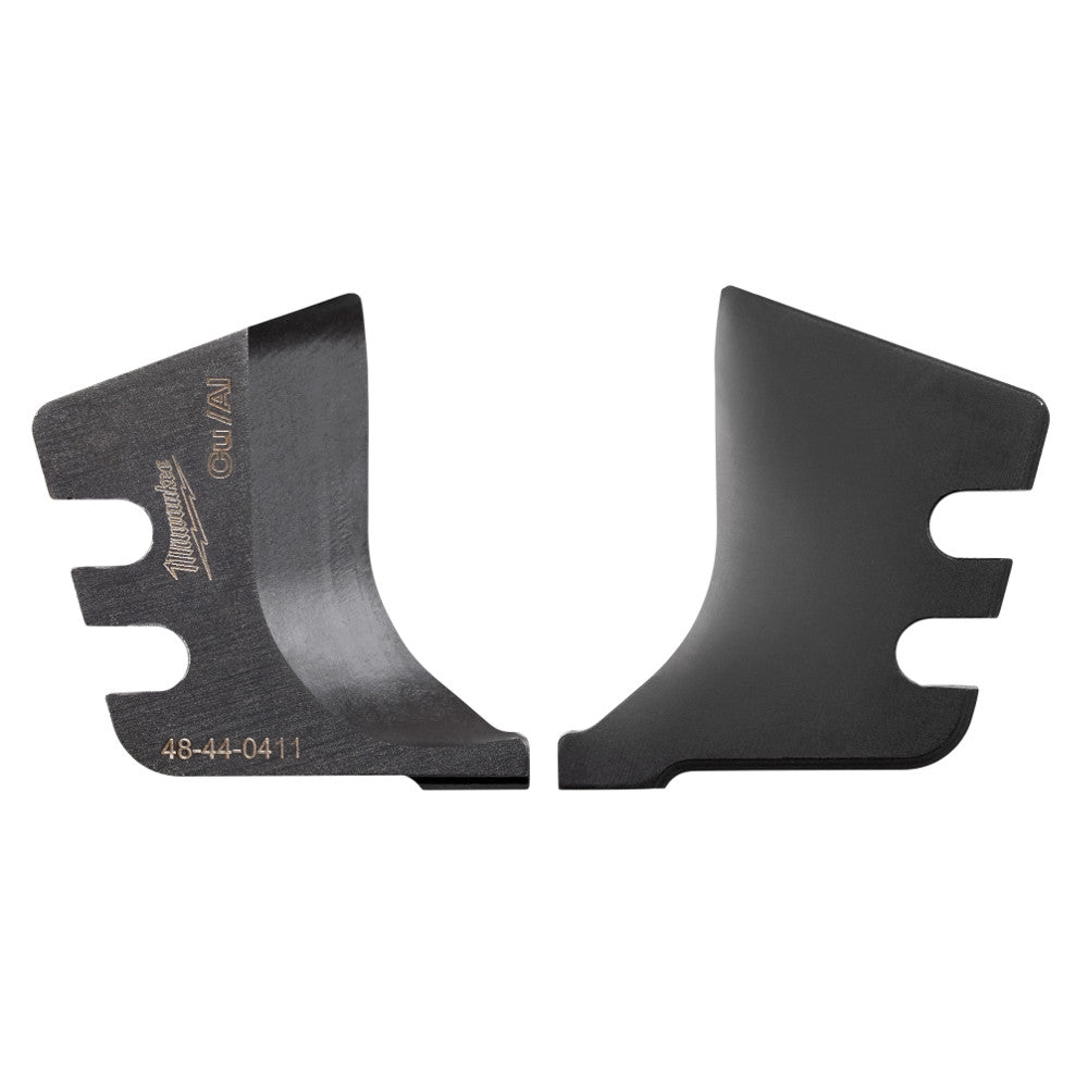 Pair of dark metal cutting blades with notched edges and model number 48-44-0411 marked on left blade.