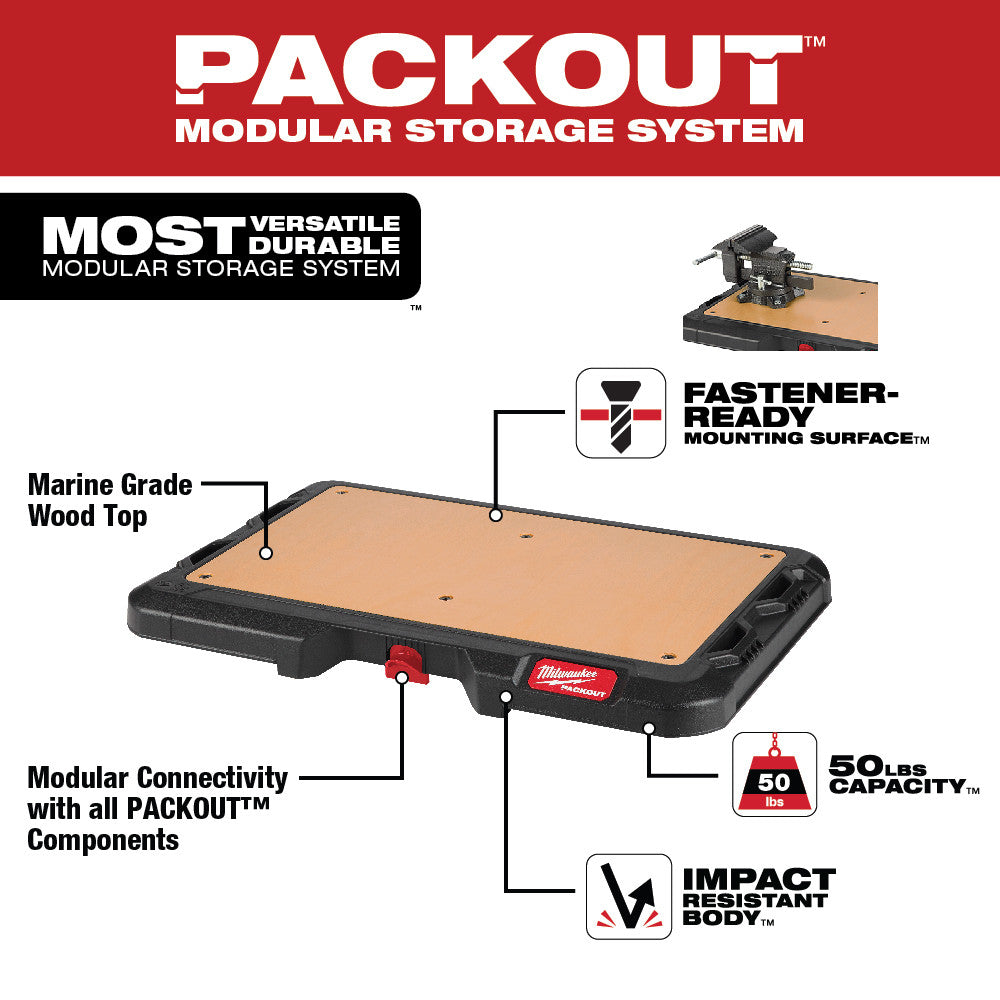 Black PACKOUT work top with marine grade wood surface and pre-drilled holes for fastener mounting.