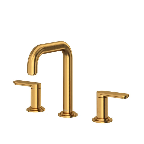 Brushed gold three-piece bathroom faucet with U-shaped spout and two lever handles.