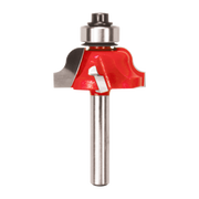 Red and steel router bit with Roman ogee cutting profile and metal bearing collar on cylindrical shank.