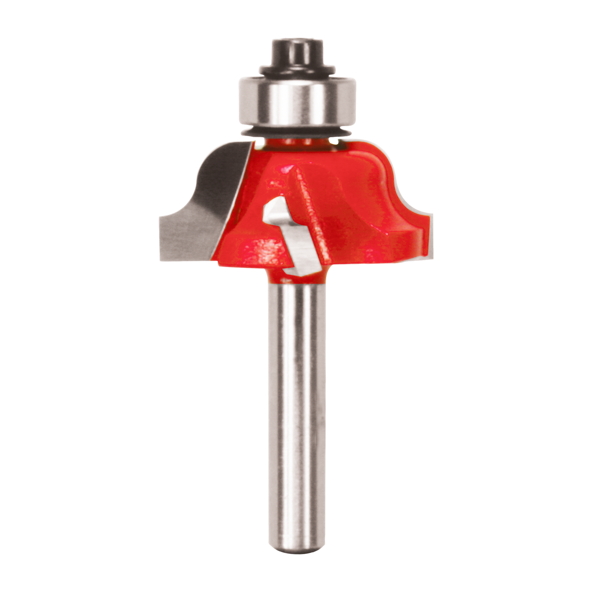 Red and steel router bit with Roman ogee cutting profile and metal bearing collar on cylindrical shank.