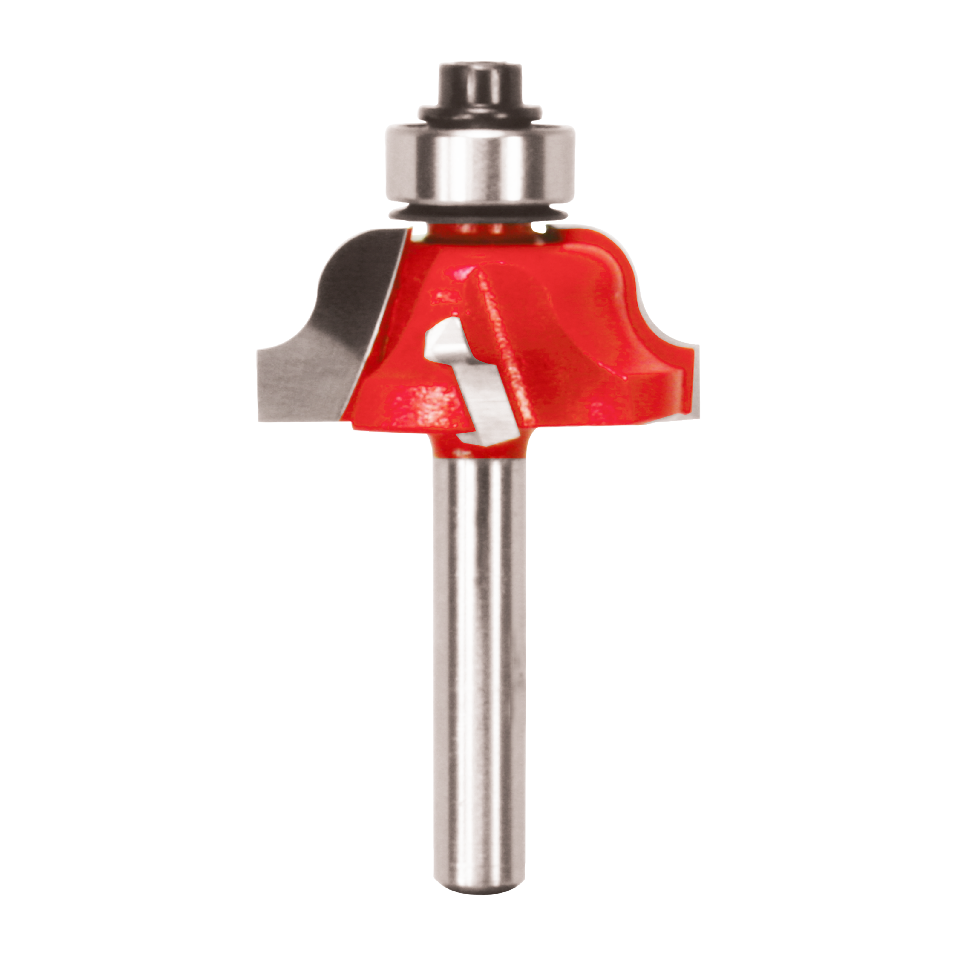 Red and steel router bit with Roman ogee cutting profile and metal bearing collar on cylindrical shank.