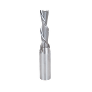 Freud 3/8 inch diameter down spiral router bit with polished steel flutes and shank.