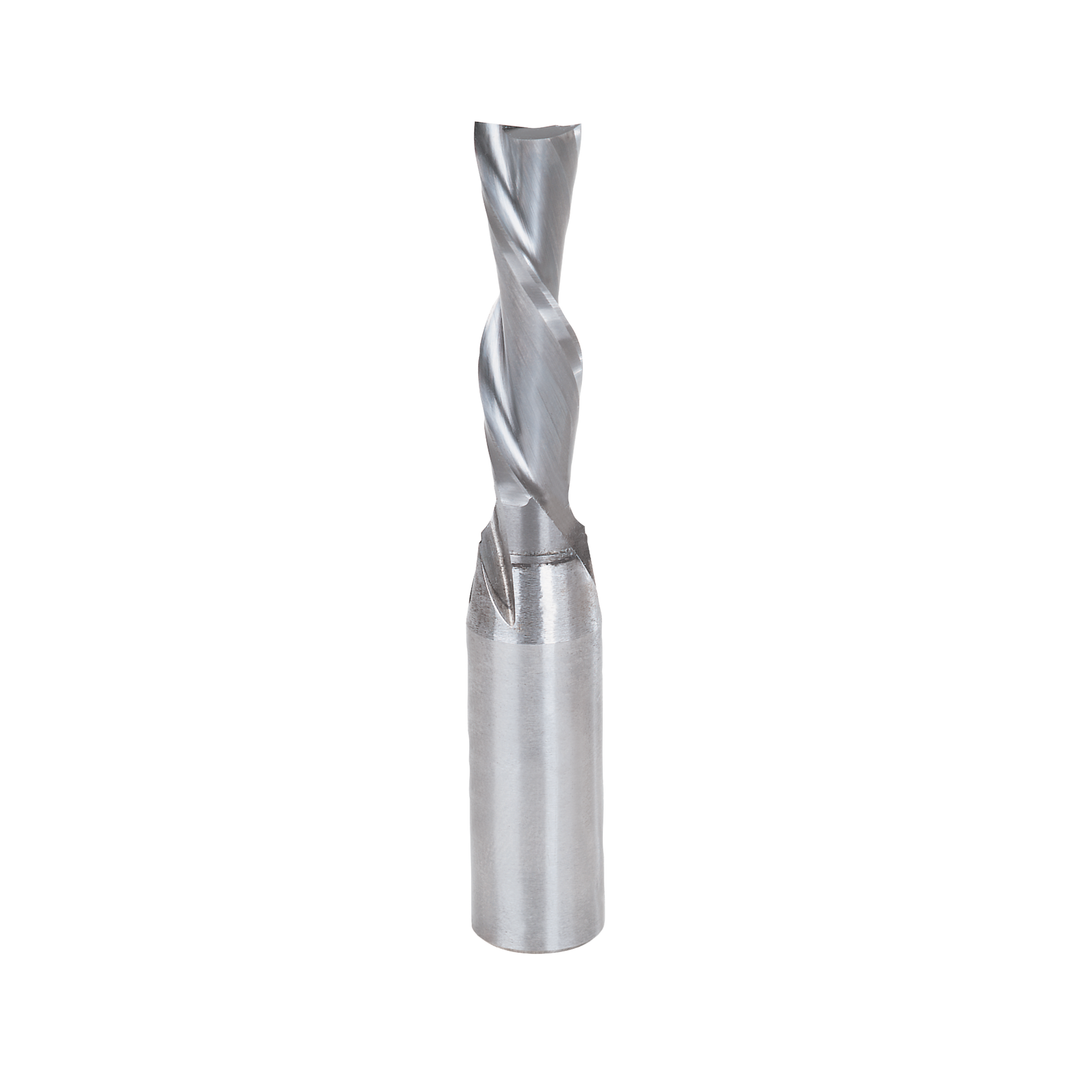 Freud 3/8 inch diameter down spiral router bit with polished steel flutes and shank.