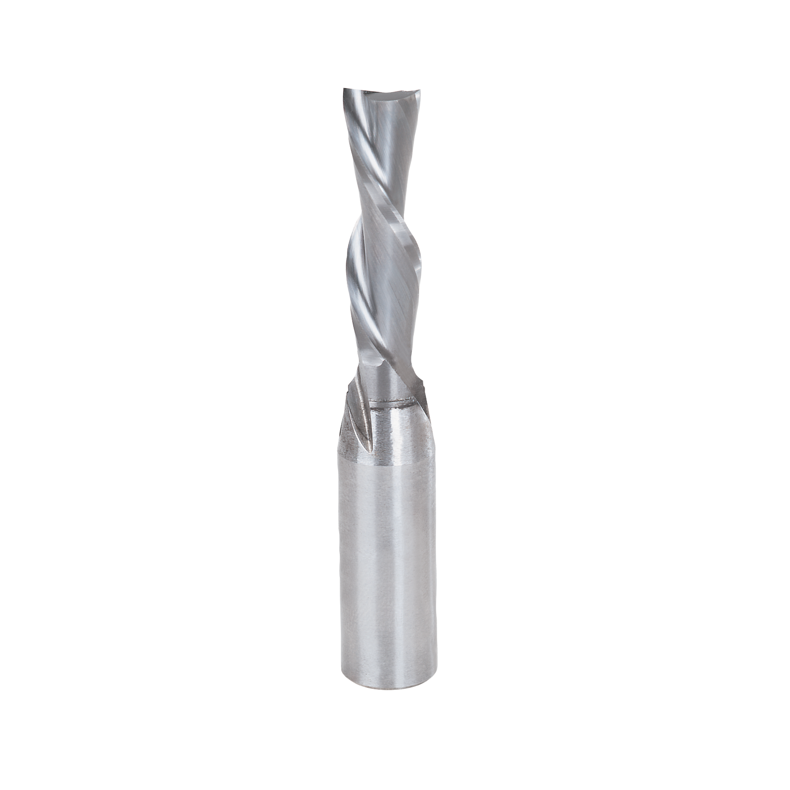 Freud 3/8 inch diameter down spiral router bit with polished steel flutes and shank.