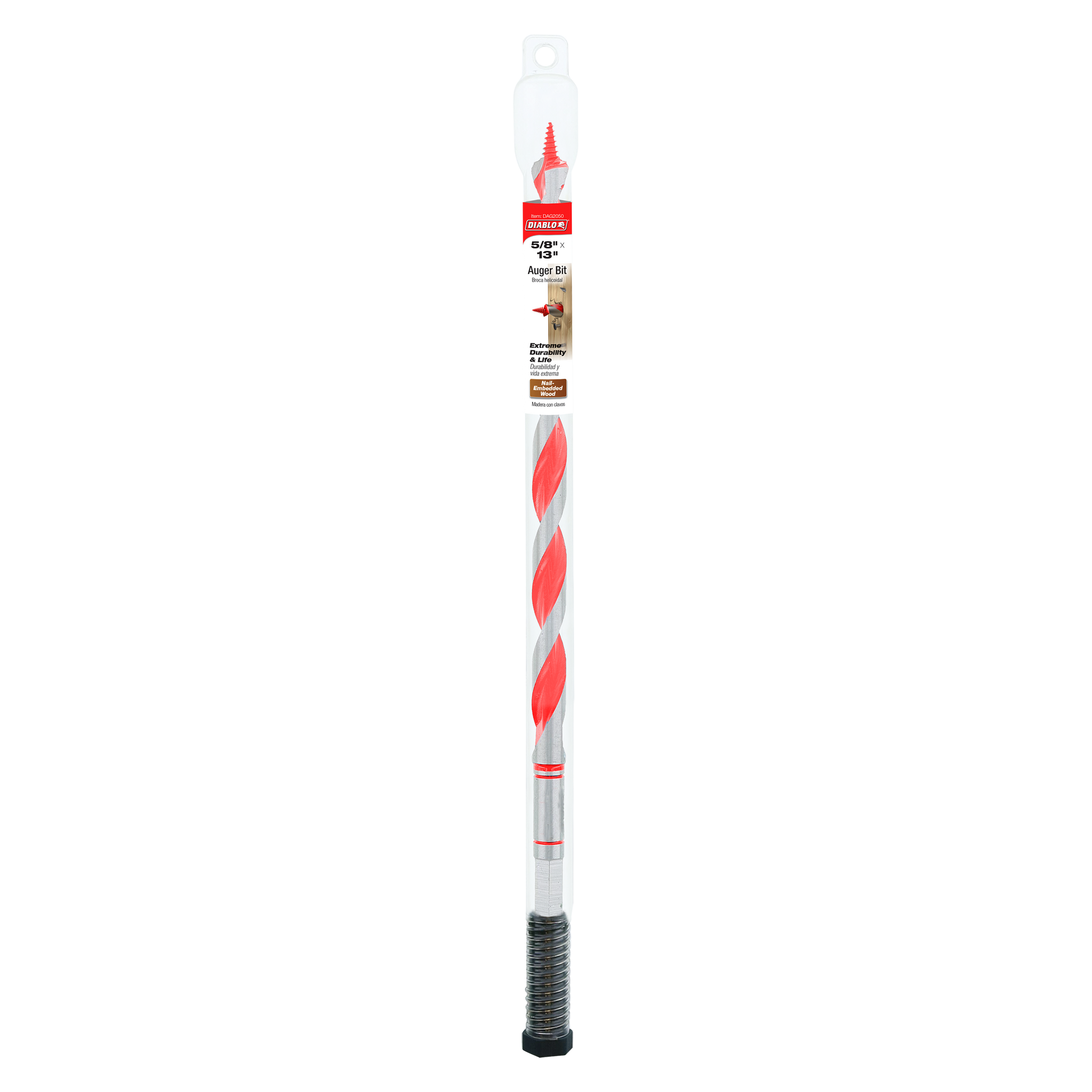 Diablo 1/2 inch by 13 inch auger bit with red and silver flutes, black grip handle, displayed in clear plastic packaging.