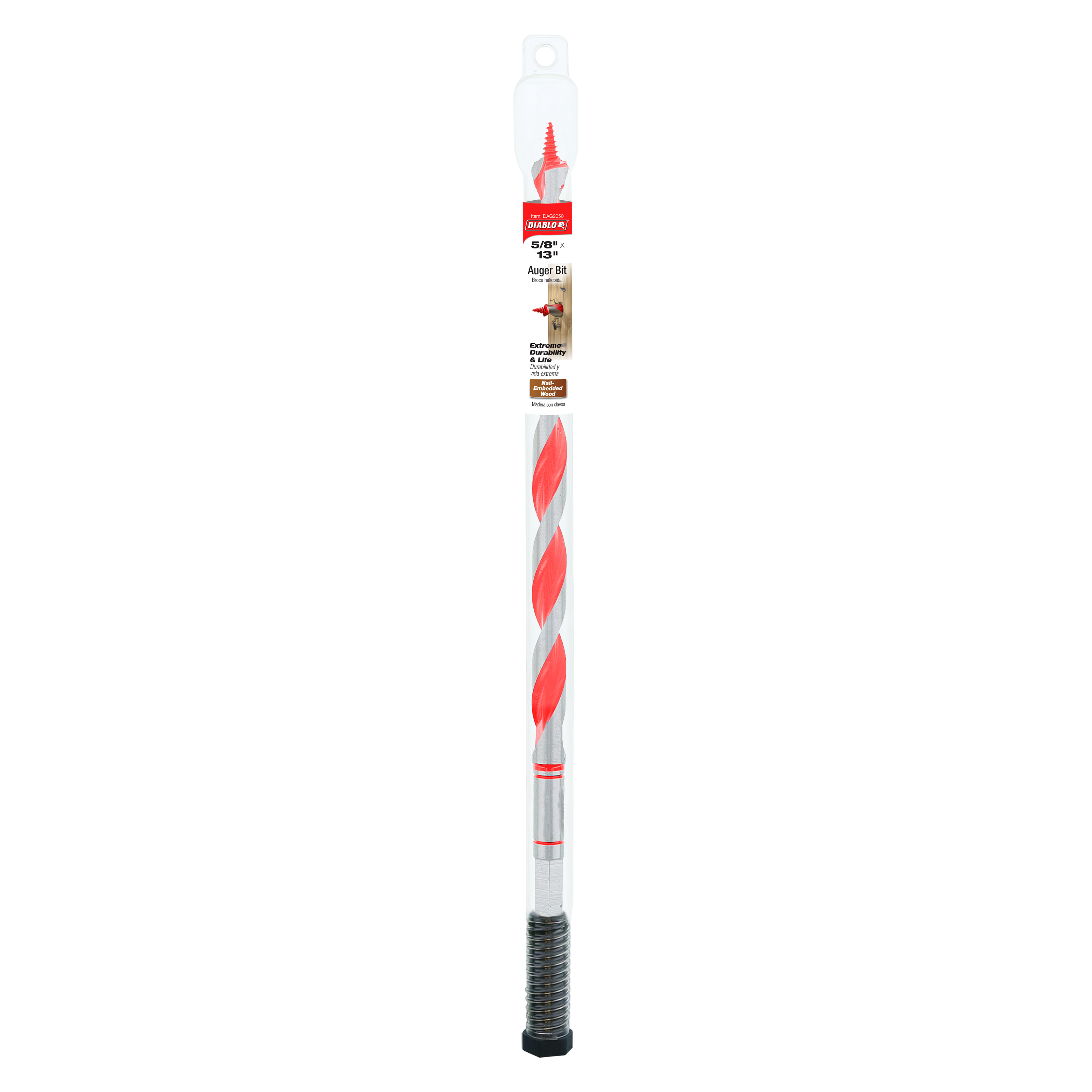 Diablo 1/2 inch by 13 inch auger bit with red and silver flutes, black grip handle, displayed in clear plastic packaging.