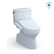 White two-piece elongated toilet with attached bidet seat featuring control panel on side.