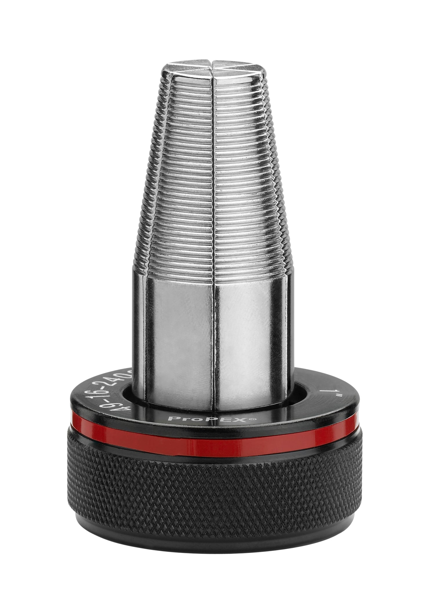 Metal ProPEX expansion head with threaded cone top, black grip base, and red band marking.