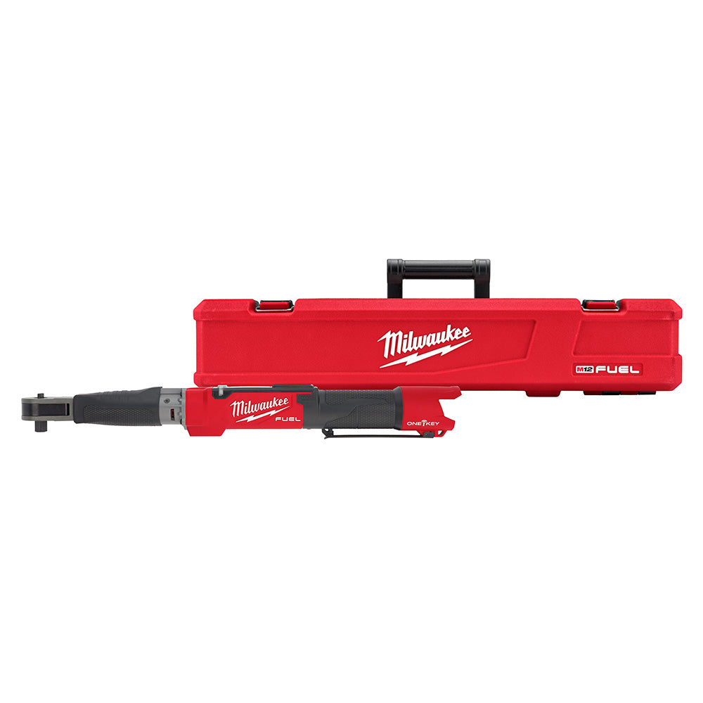 Milwaukee M12 FUEL digital torque wrench with 1/2 inch drive and red carrying case.