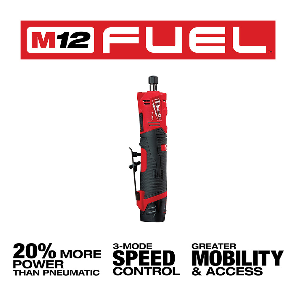 Red and black Milwaukee M12 FUEL straight die grinder with collet chuck at top and side handle.