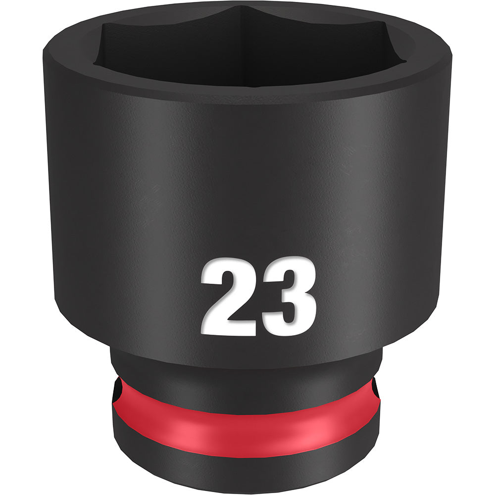 Black 23MM 6-point socket with red grip band and 3/8" drive connection.