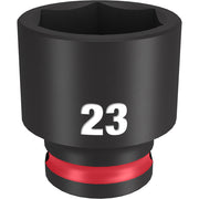 Black 23MM 6-point socket with red grip band and 3/8" drive connection.