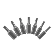 Seven gray metal hex drive bits of varying sizes arranged in an arc.