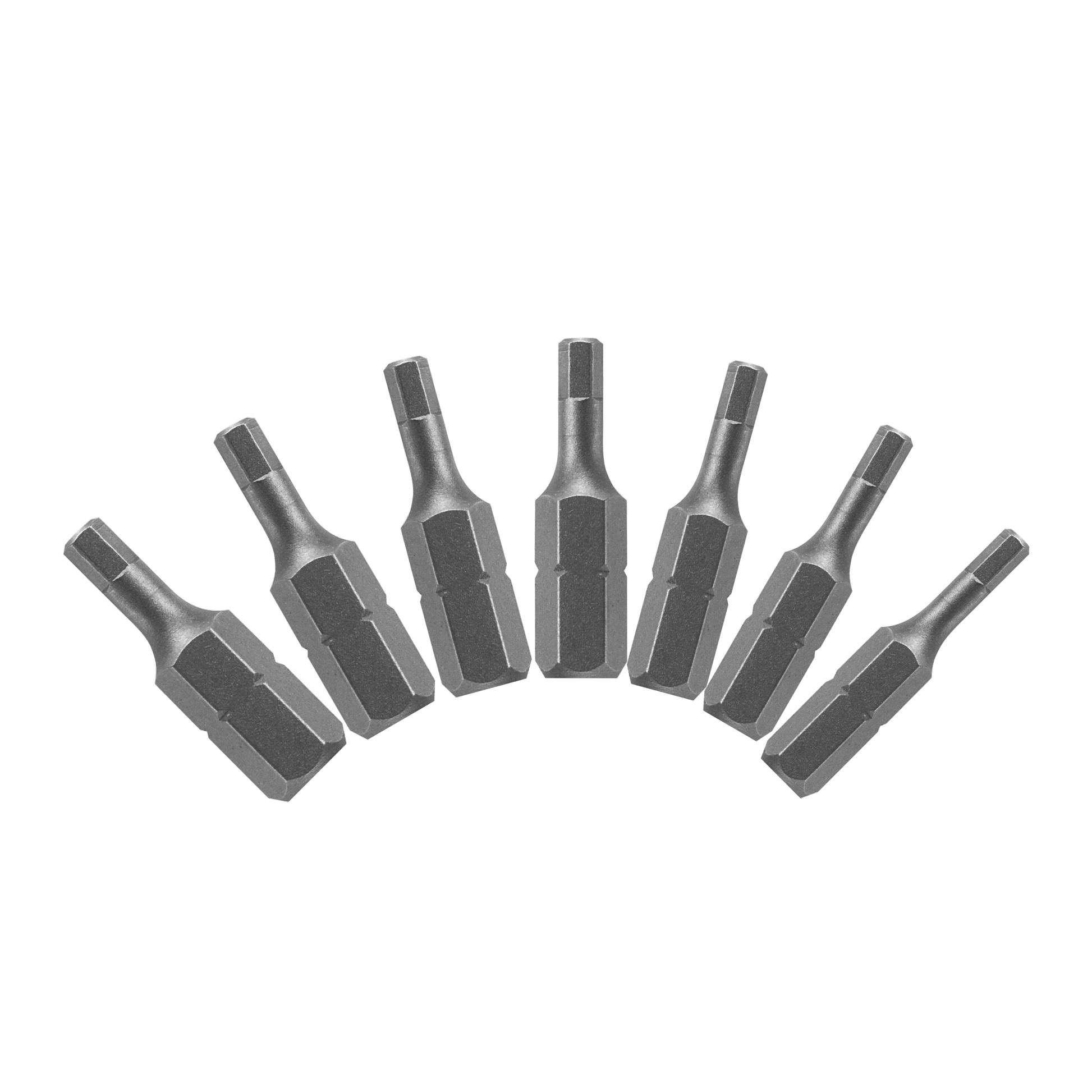 Seven gray metal hex drive bits of varying sizes arranged in an arc.