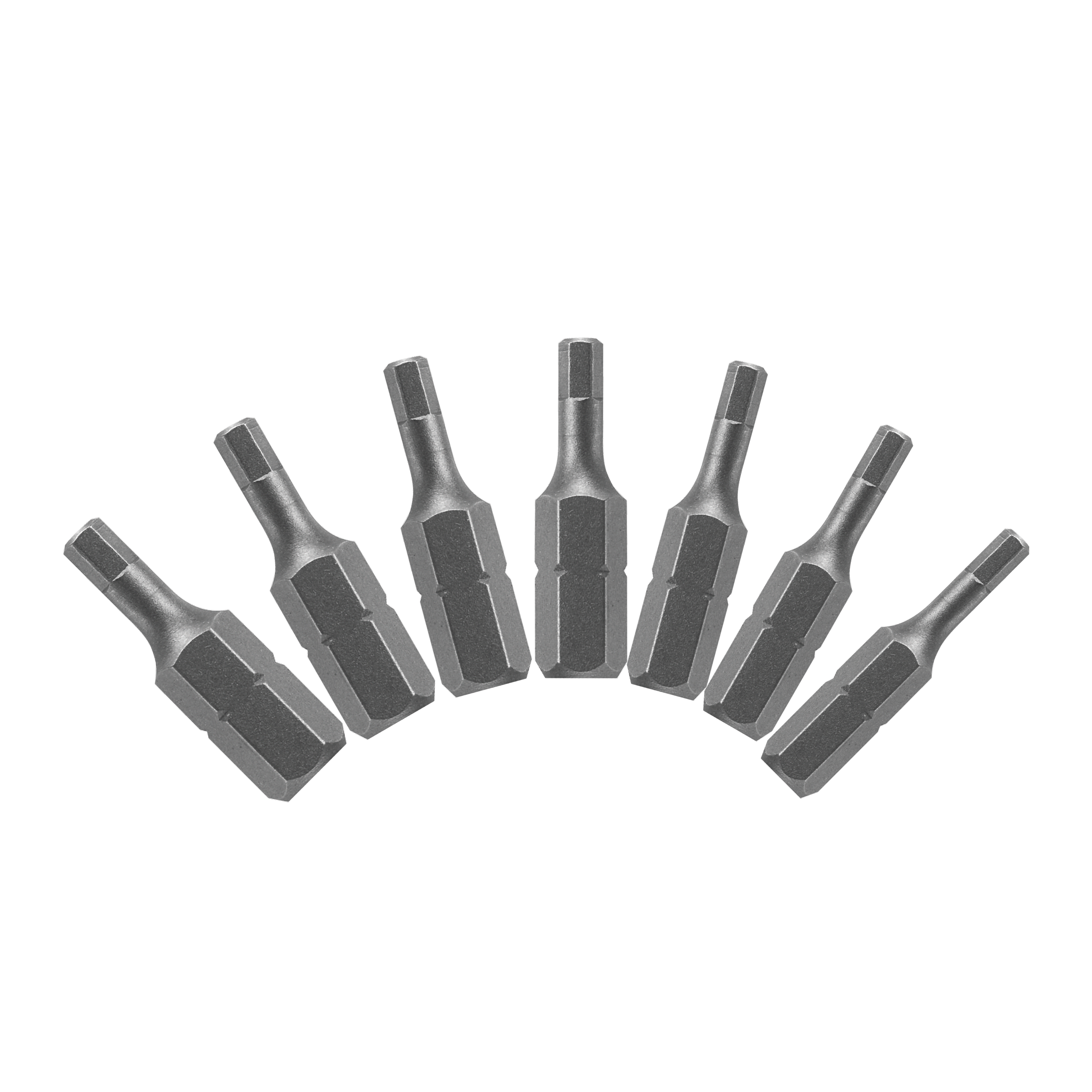 Seven gray metal hex drive bits of varying sizes arranged in an arc.